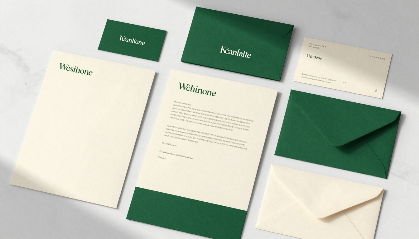 Brand identity printed materials on white marble with cream cotton-rag paper and forest green serif type