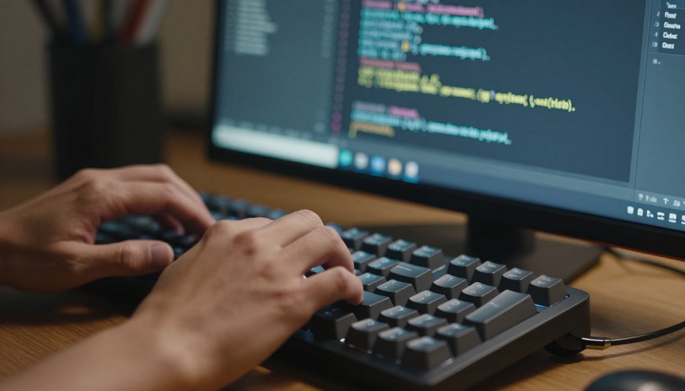 Developer at a dual-monitor workstation typing on a mechanical keyboard, coding session visible on screens, morning light streaming through office windows