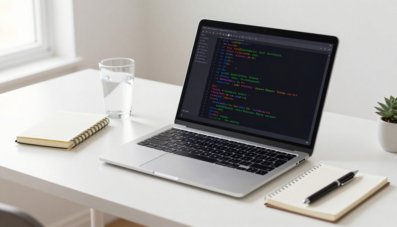 MacBook Pro on a minimalist Scandinavian desk showing terminal benchmark results in green monospace font on a black screen, glass of water beside it