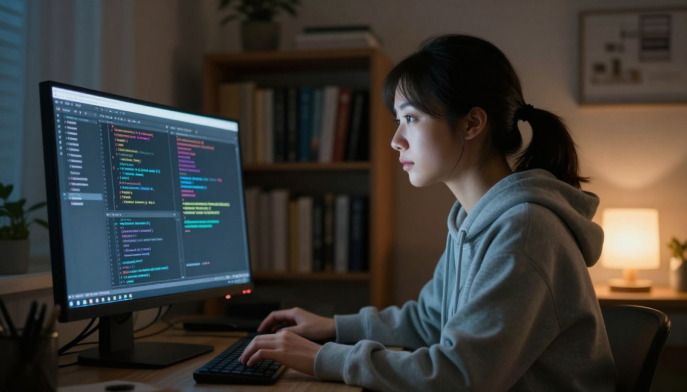 Young female developer studying AI code suggestions on a monitor at night, face lit by blue-white screen glow, dark bookshelves in background