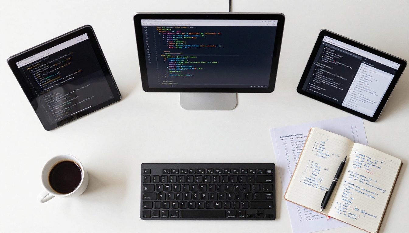 Overhead flat-lay of two iPads showing AI chat interfaces with code responses, mechanical keyboard, espresso cup, and handwritten comparison notes on a white oak desk