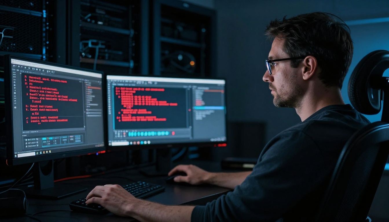 Male developer with glasses debugging code in a dark room, side profile lit by blue monitor glow showing red error traces on screen