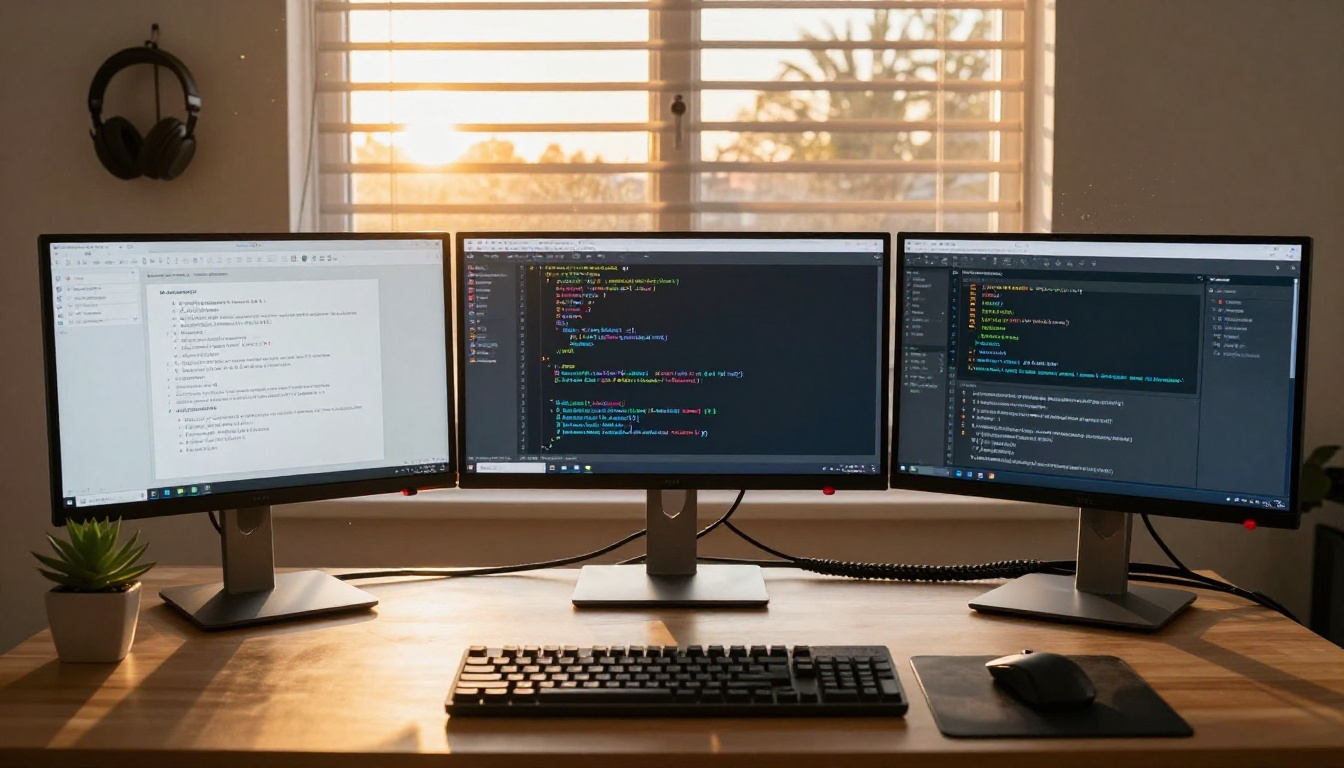 Wide-angle view of a triple-monitor developer workstation with Python IDE, API documentation, and AI chat interface, golden hour sunlight creating a warm halo behind the setup
