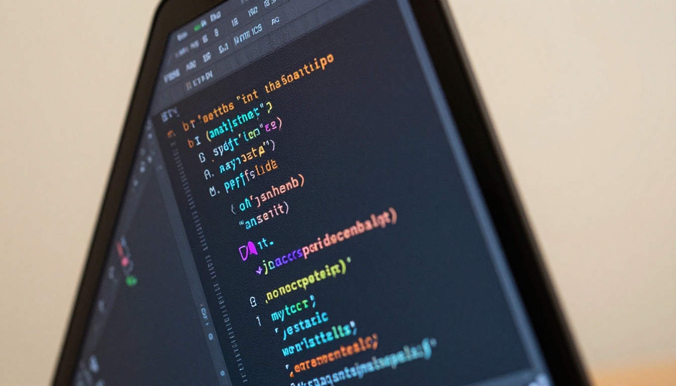 Extreme close-up of a monitor screen showing AI ghost text code completion inline in a JavaScript async function with teal and orange syntax highlighting