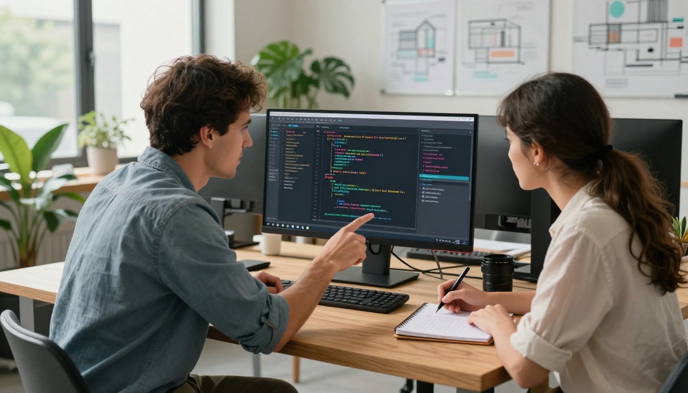 Two developers collaborating side by side at a shared monitor reviewing AI-generated code output in a bright modern office with natural skylight