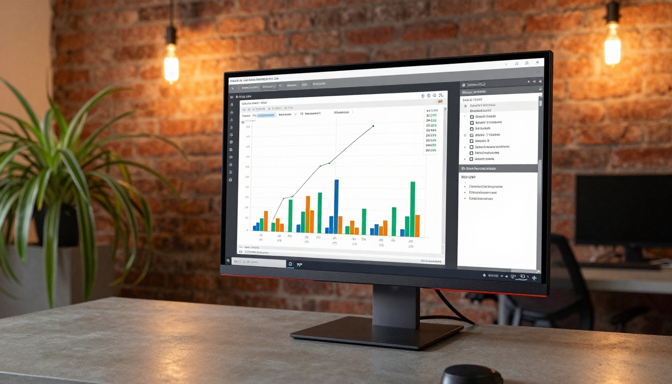 Low angle shot looking up at a widescreen monitor displaying LLM benchmark comparison charts with bar graphs and accuracy scores, warm Edison bulb lighting overhead