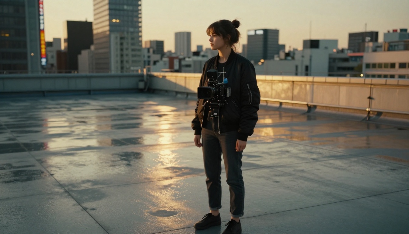 Filmmaker on rooftop at dusk comparing AI video outputs