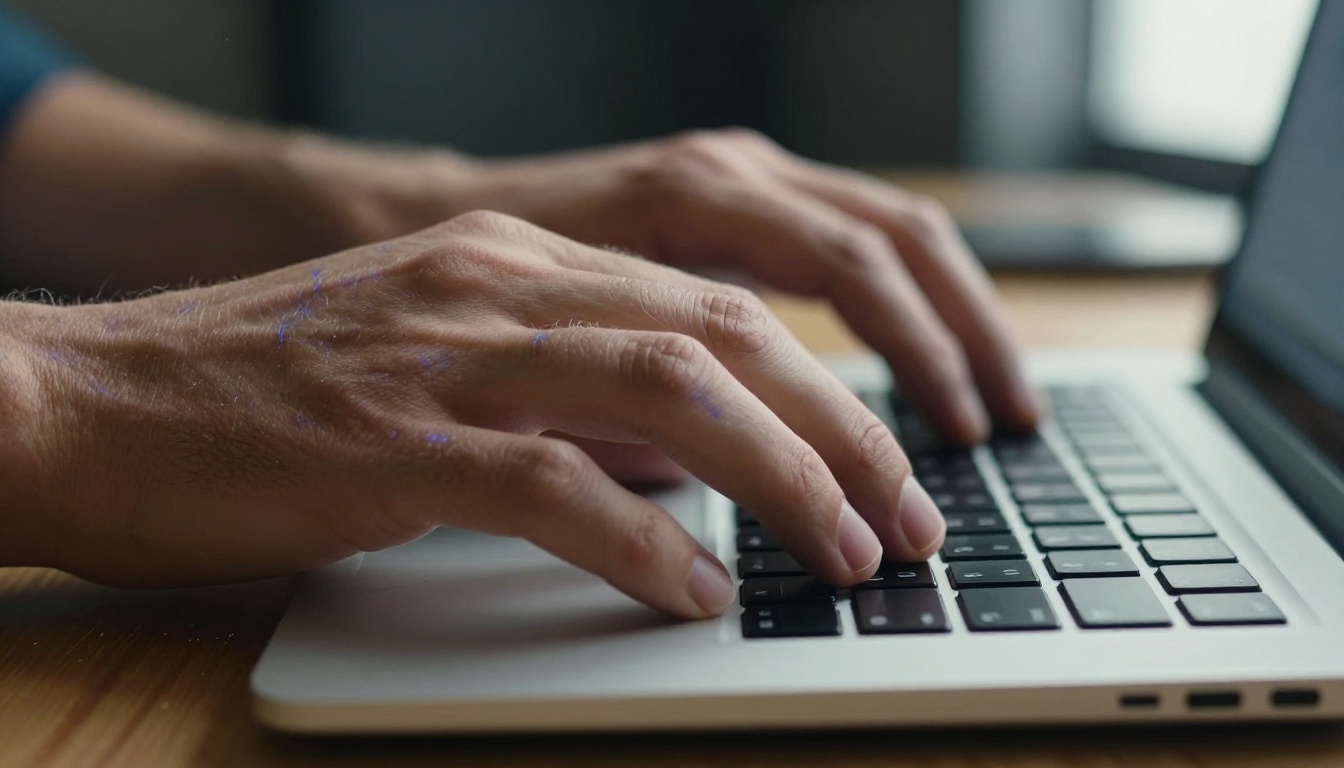 Hands typing close-up with natural lighting and skin texture detail