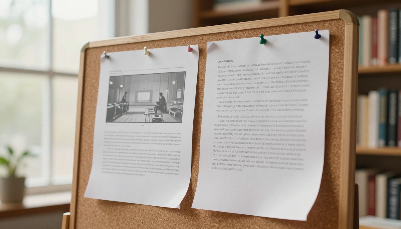 Comparison printouts pinned to a cork board showing AI video still frames