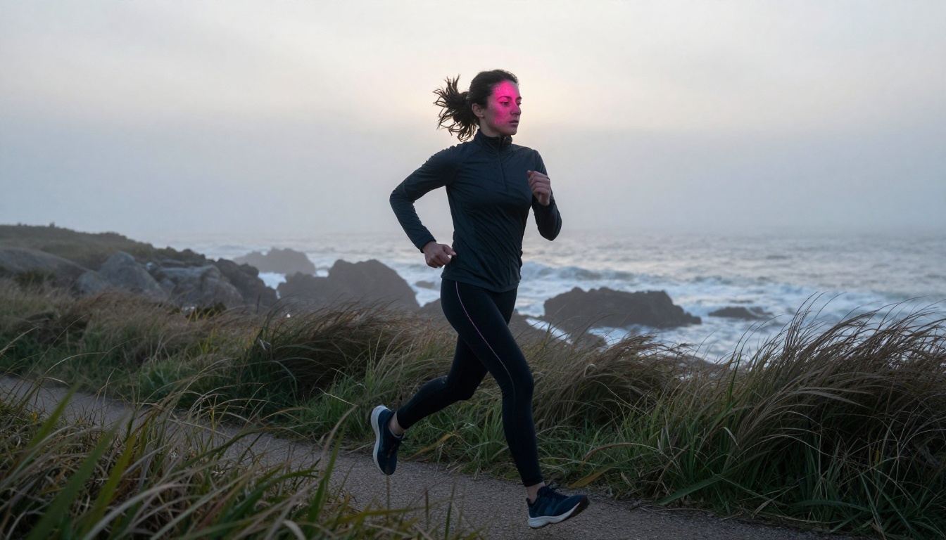 Woman jogging along coastal path at dawn with realistic motion and light