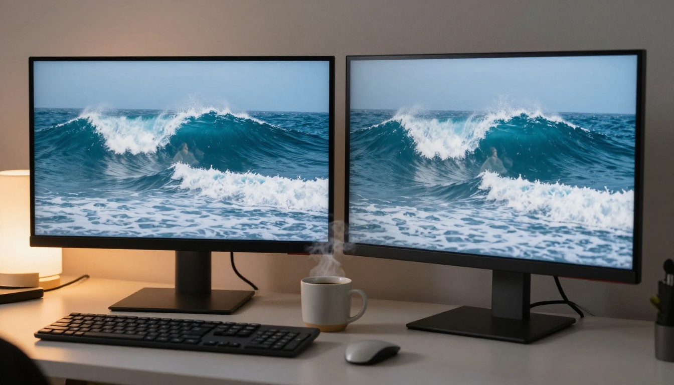 Dual monitors showing video comparison frames with realistic detail