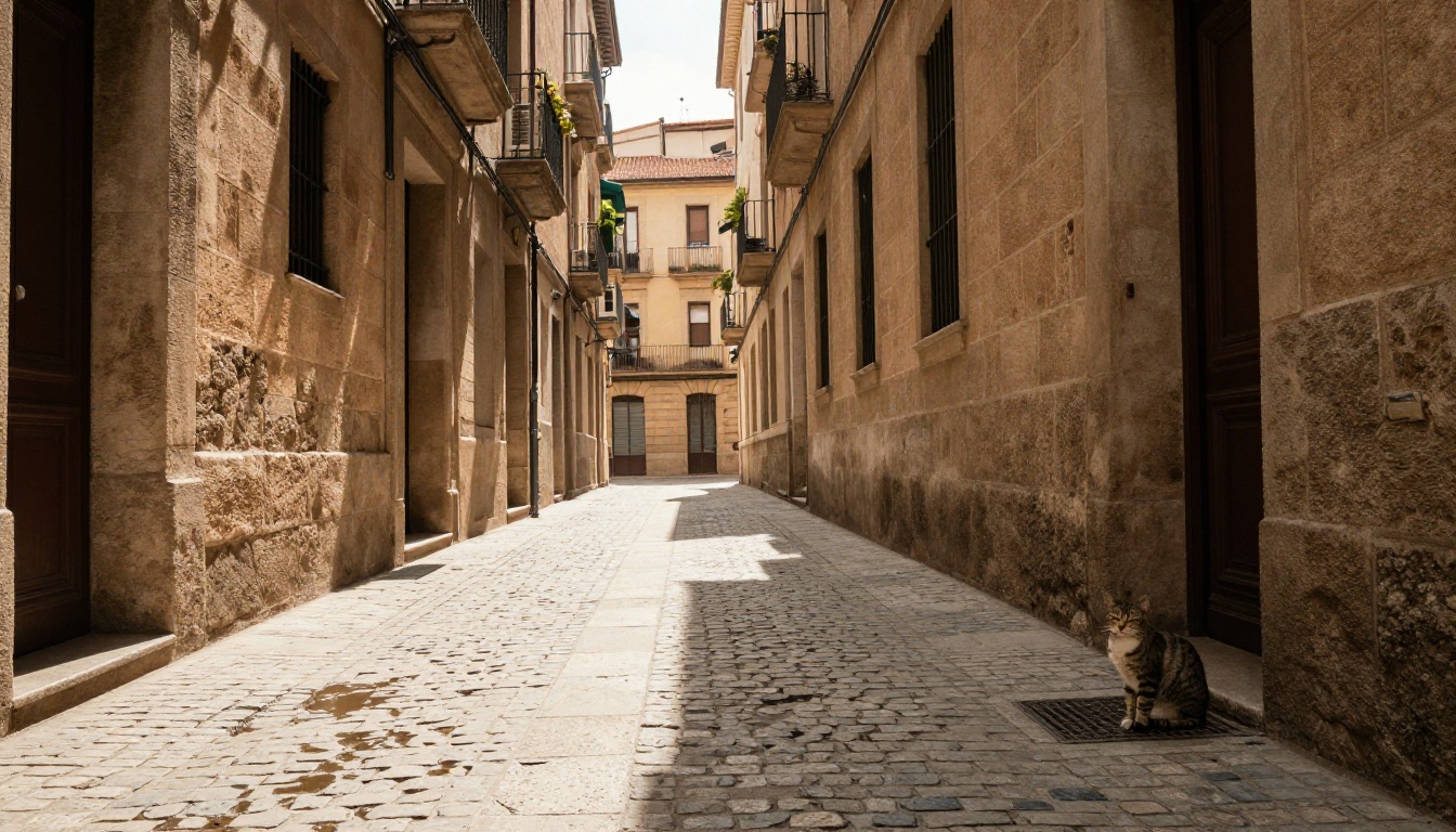 Barcelona alley with realistic cobblestone texture and midday light