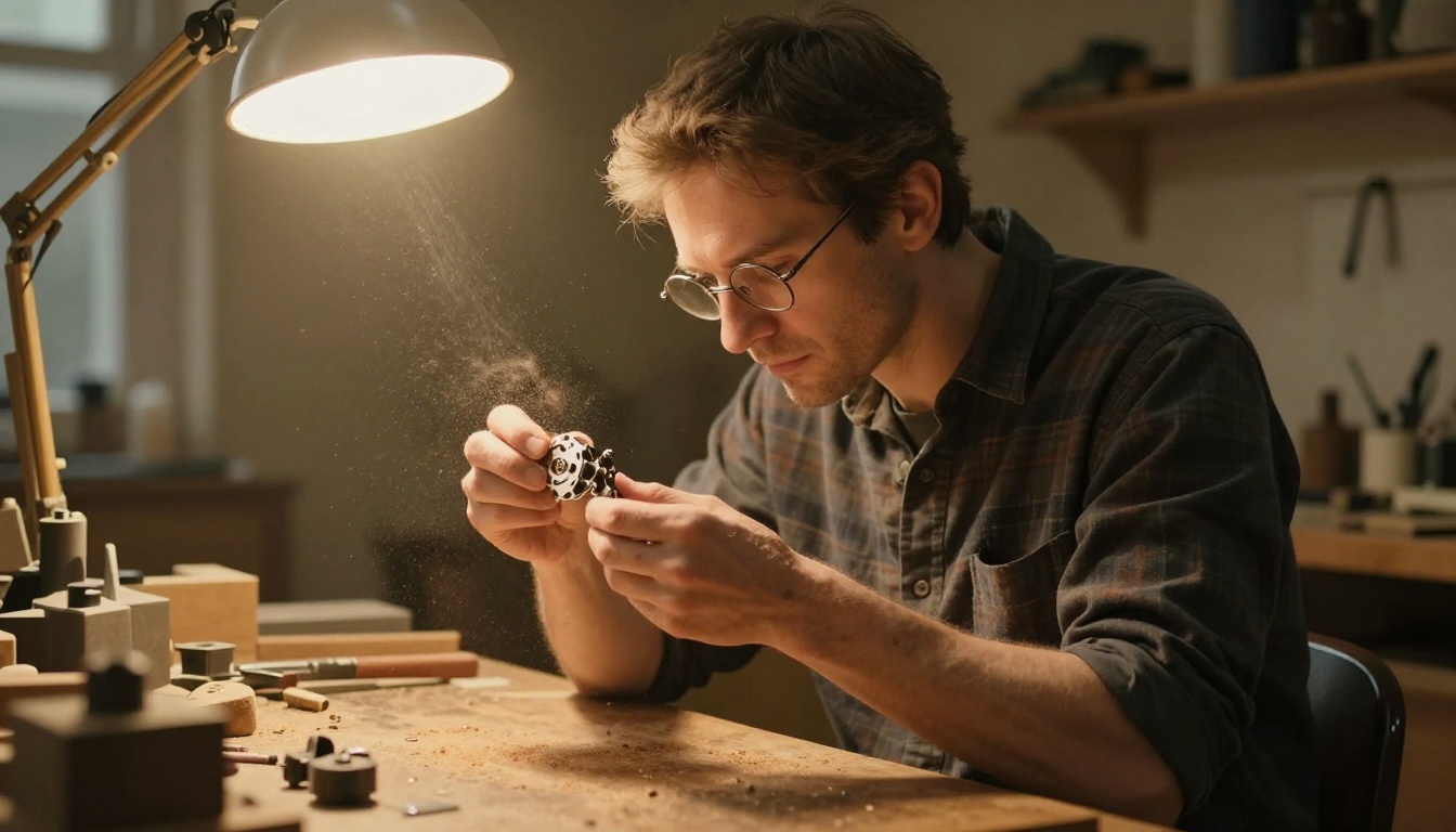 Artisan workshop portrait with realistic skin texture and tungsten light