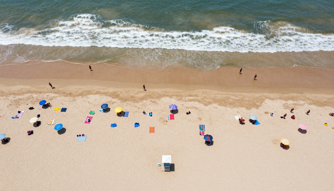 Aerial beach shot showing realistic crowd detail and wave patterns