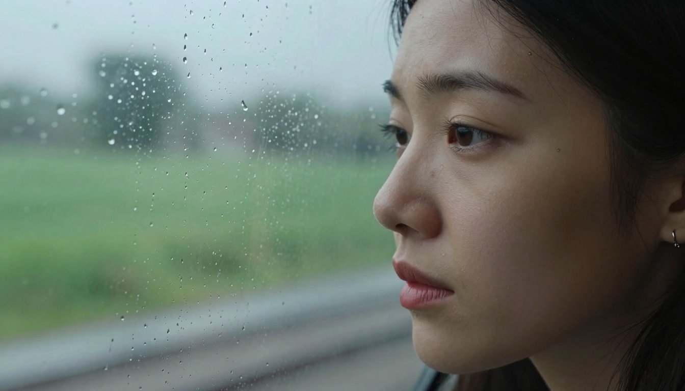 Close-up train window reflection with photorealistic raindrops and skin detail