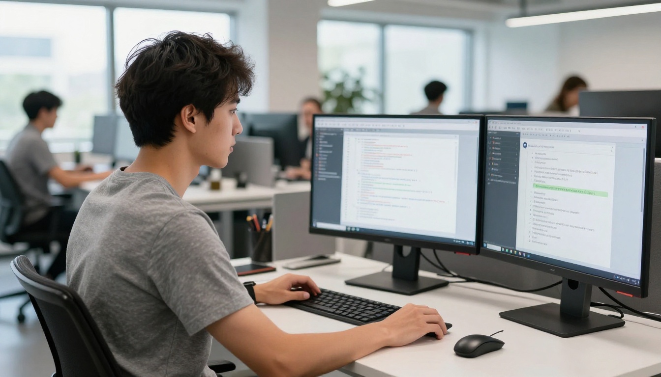 Developer engineer reading code on widescreen monitor