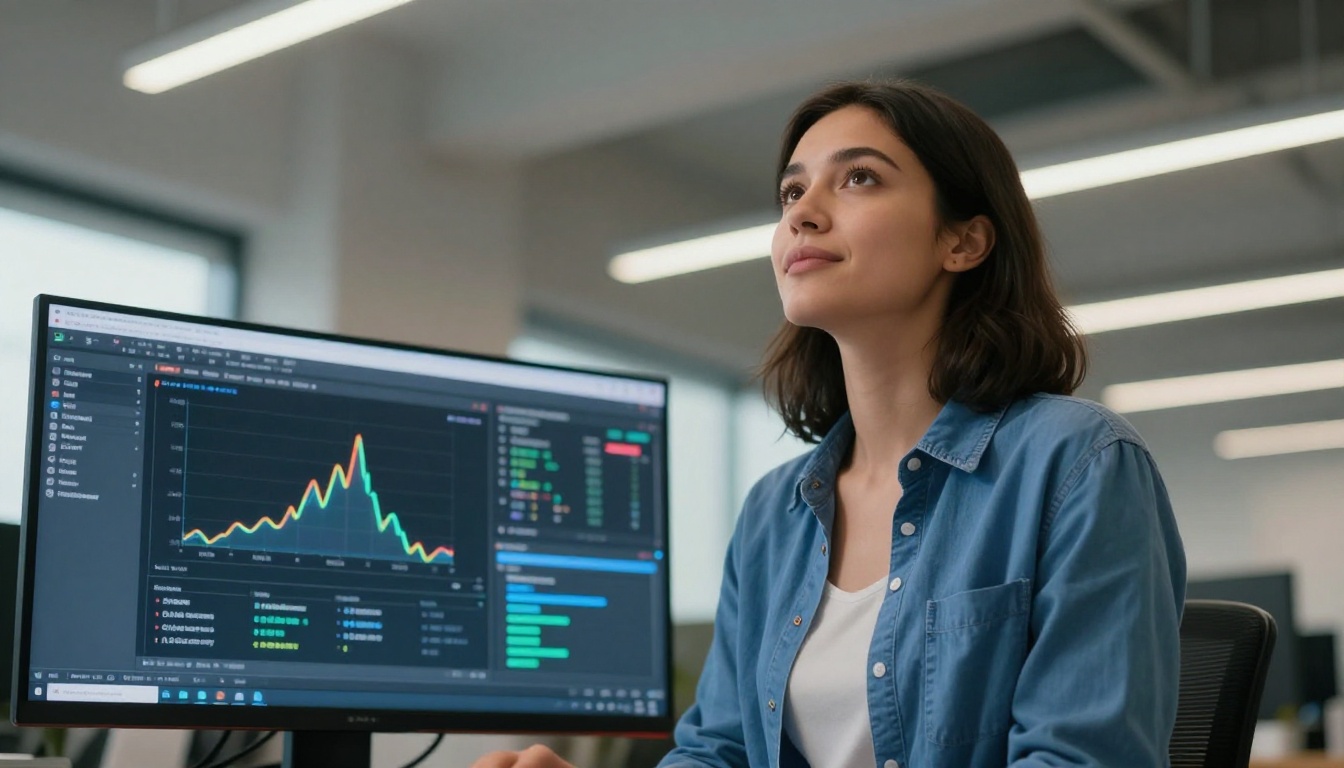 Female developer standing in front of AI performance charts