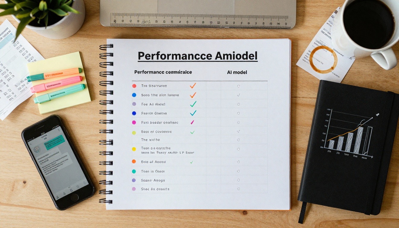 Developer reviewing performance benchmark printouts on desk