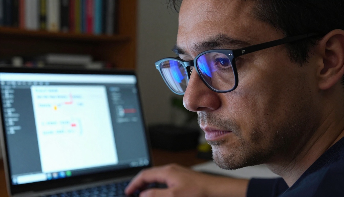 Developer with glasses reading laptop screen in dark office