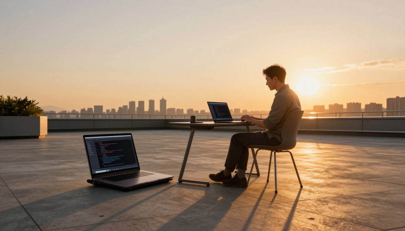 Developer at rooftop workspace during golden hour with dual laptops