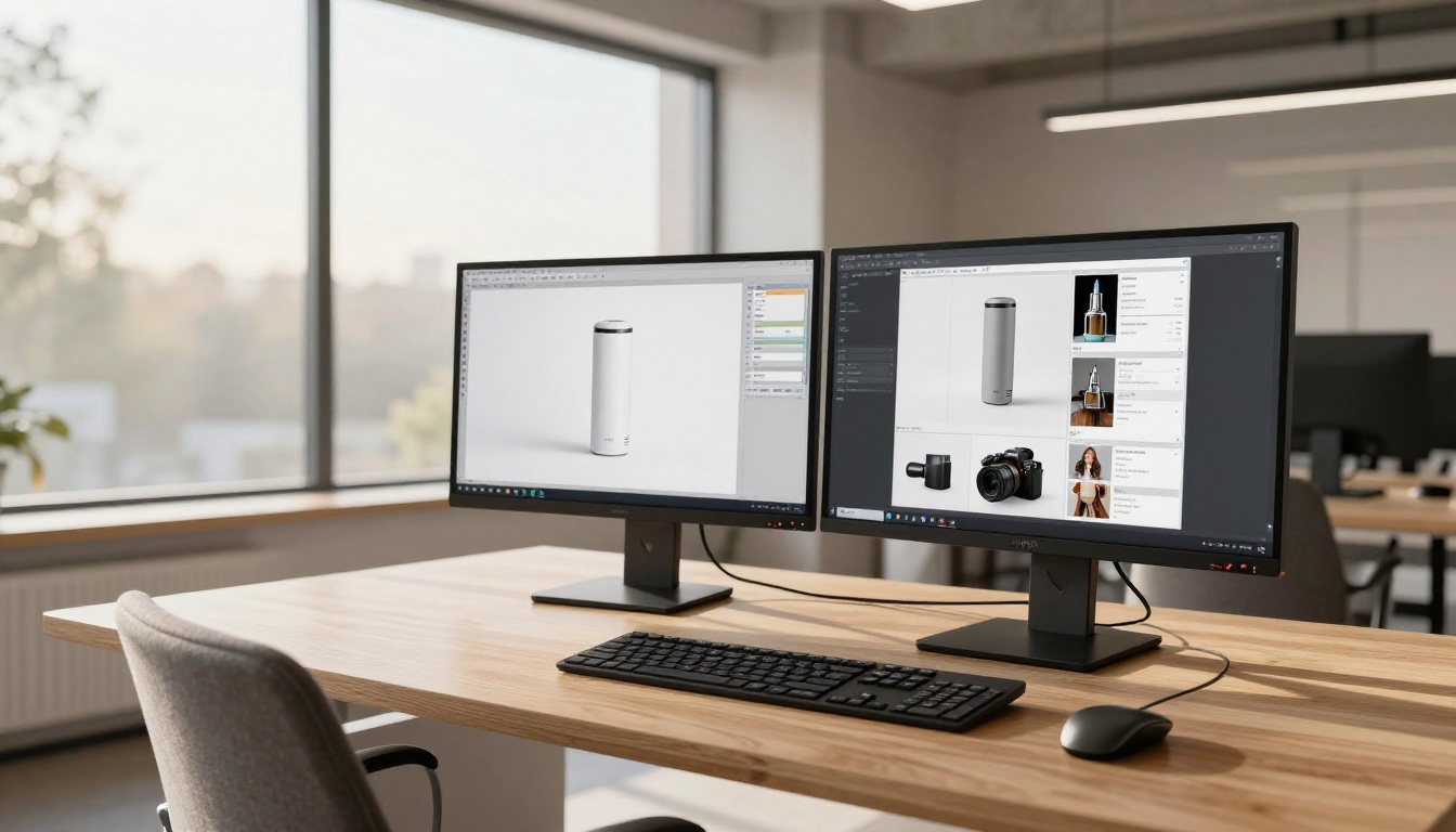 Two large monitors in modern creative agency office showing different AI-edited product photography results side by side