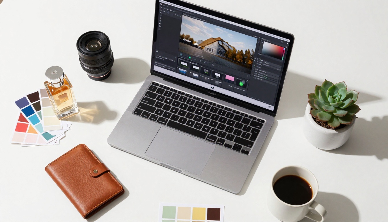 Aerial overhead flat-lay product photography editing workspace with color swatches, perfume bottle, leather wallet, and MacBook Pro