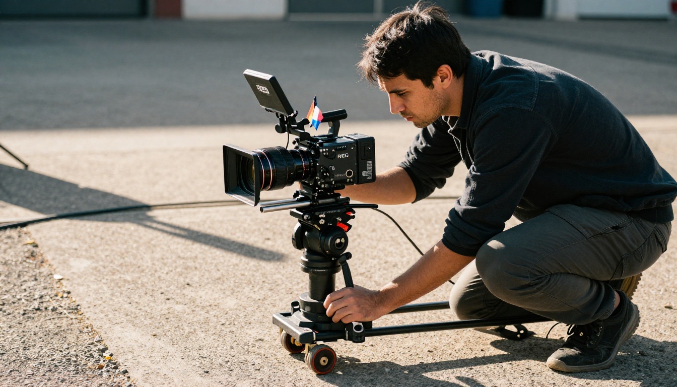 Professional cinematographer operating cinema camera on dolly track at film set