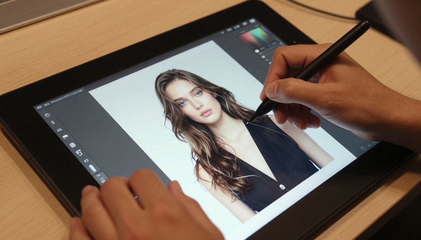 Photographer's hands using stylus on Wacom Cintiq Pro showing AI portrait masking and inpainting in progress