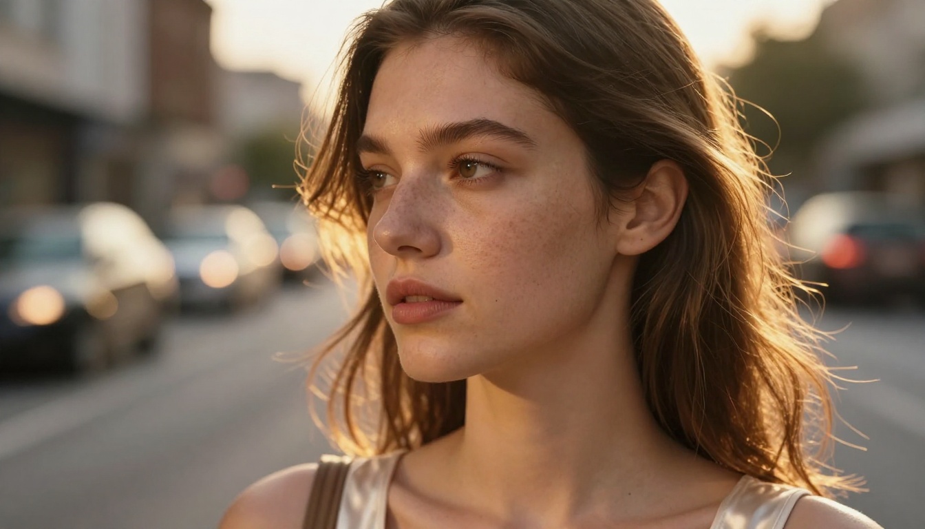 Golden hour close-up portrait of young woman with natural skin texture and backlit hair