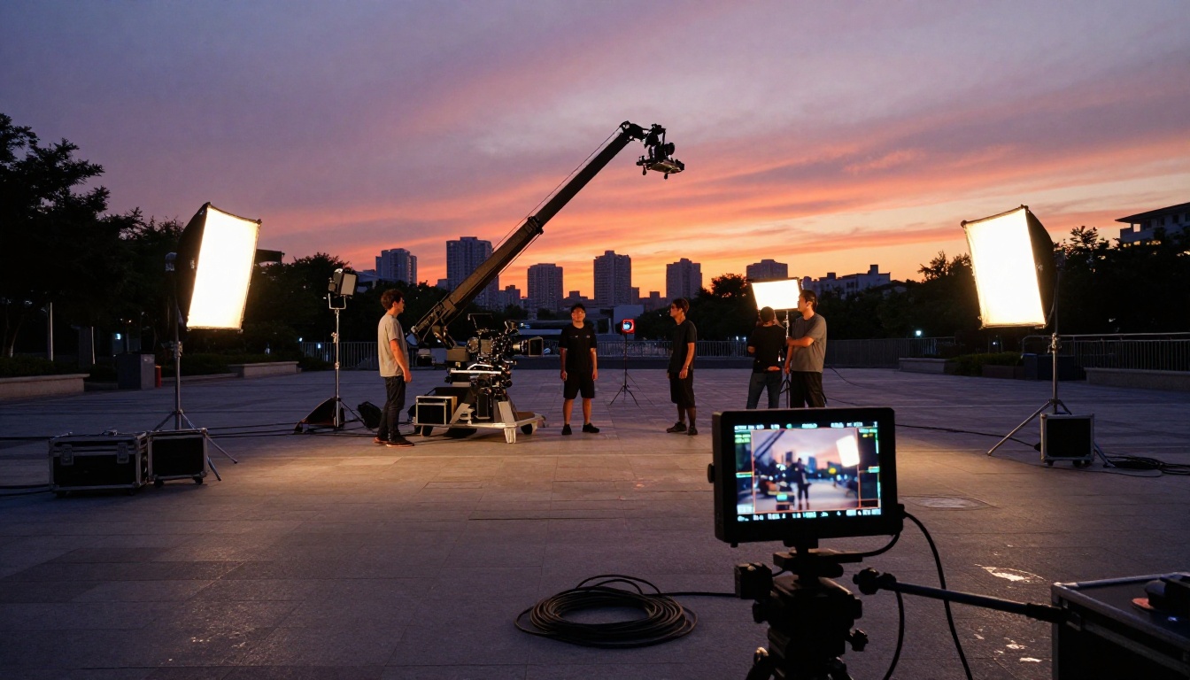 Professional outdoor film set at dusk with cinema camera on jib arm and city skyline