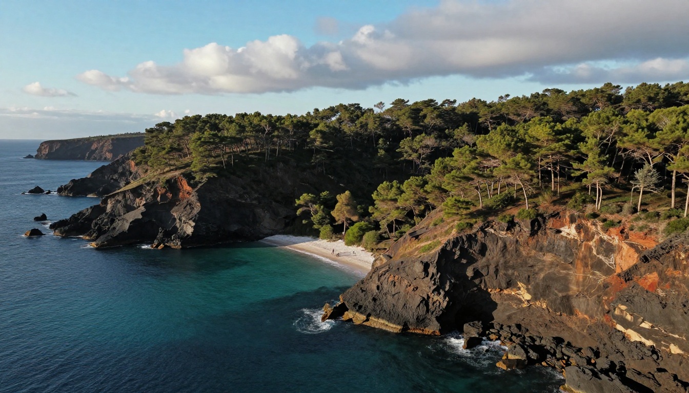 Aerial view of Mediterranean coastal cliffs with turquoise water and pine forest below