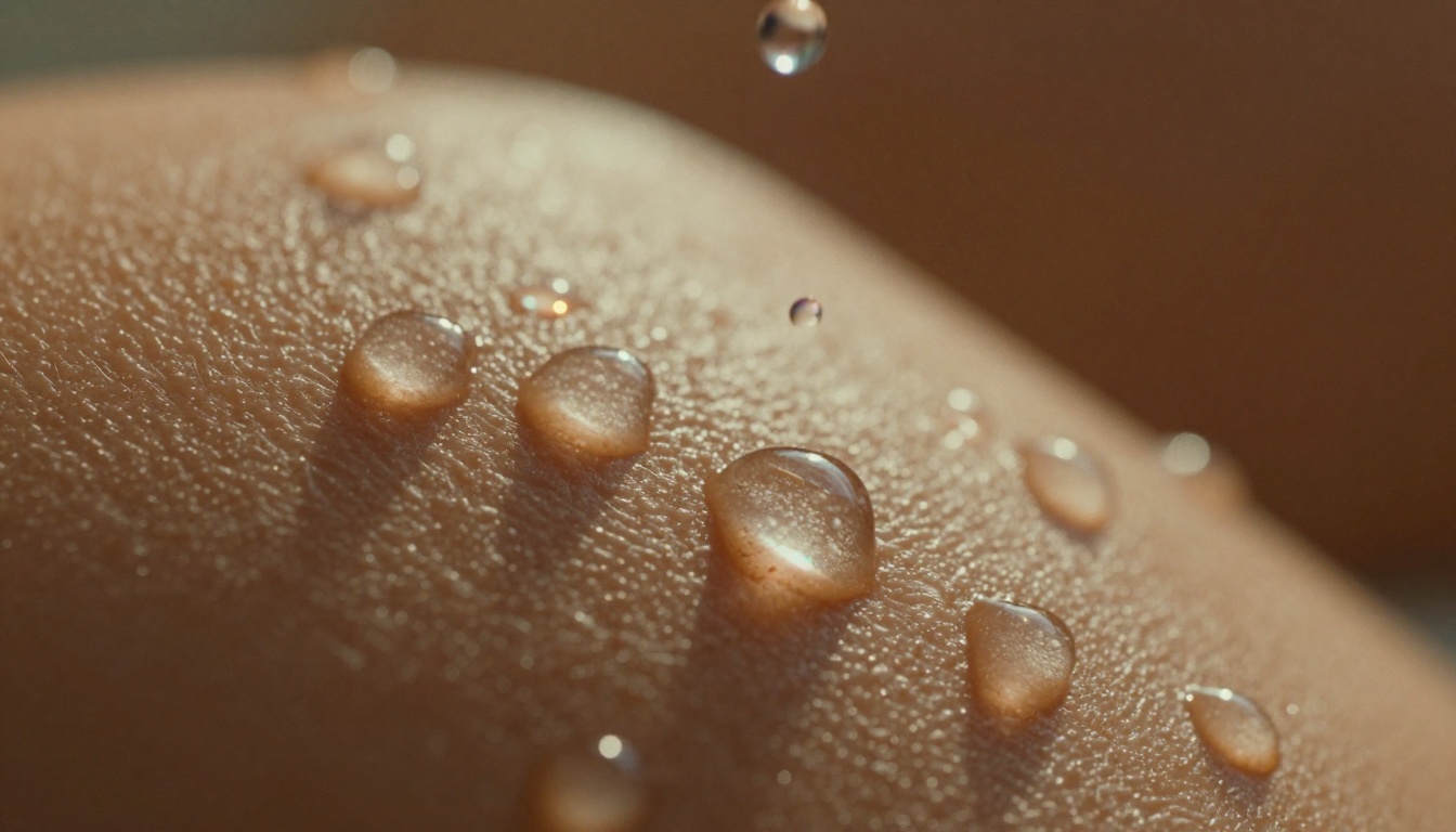 Extreme macro close-up of water droplets on skin with prism light effects