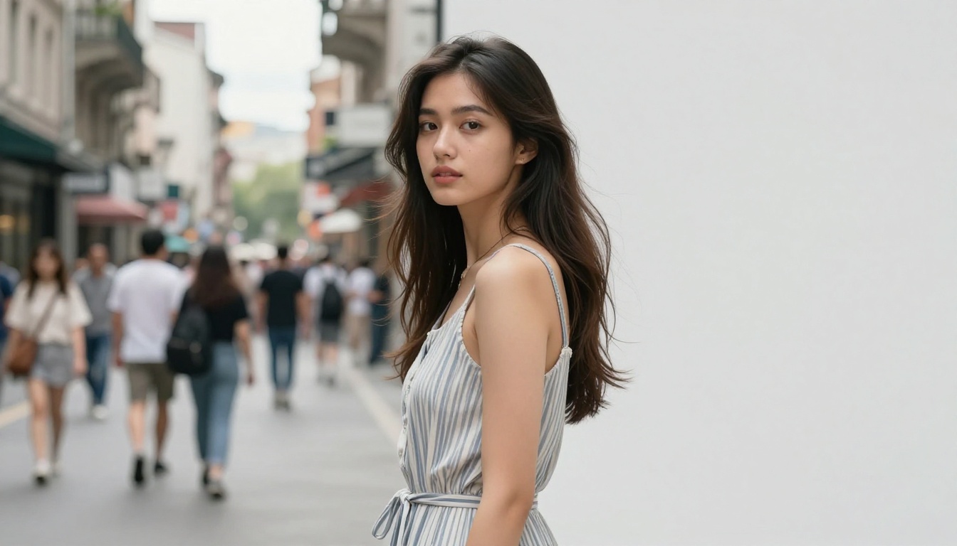 Street fashion photography showing AI background replacement with edge detection quality along flowing fabric and loose hair