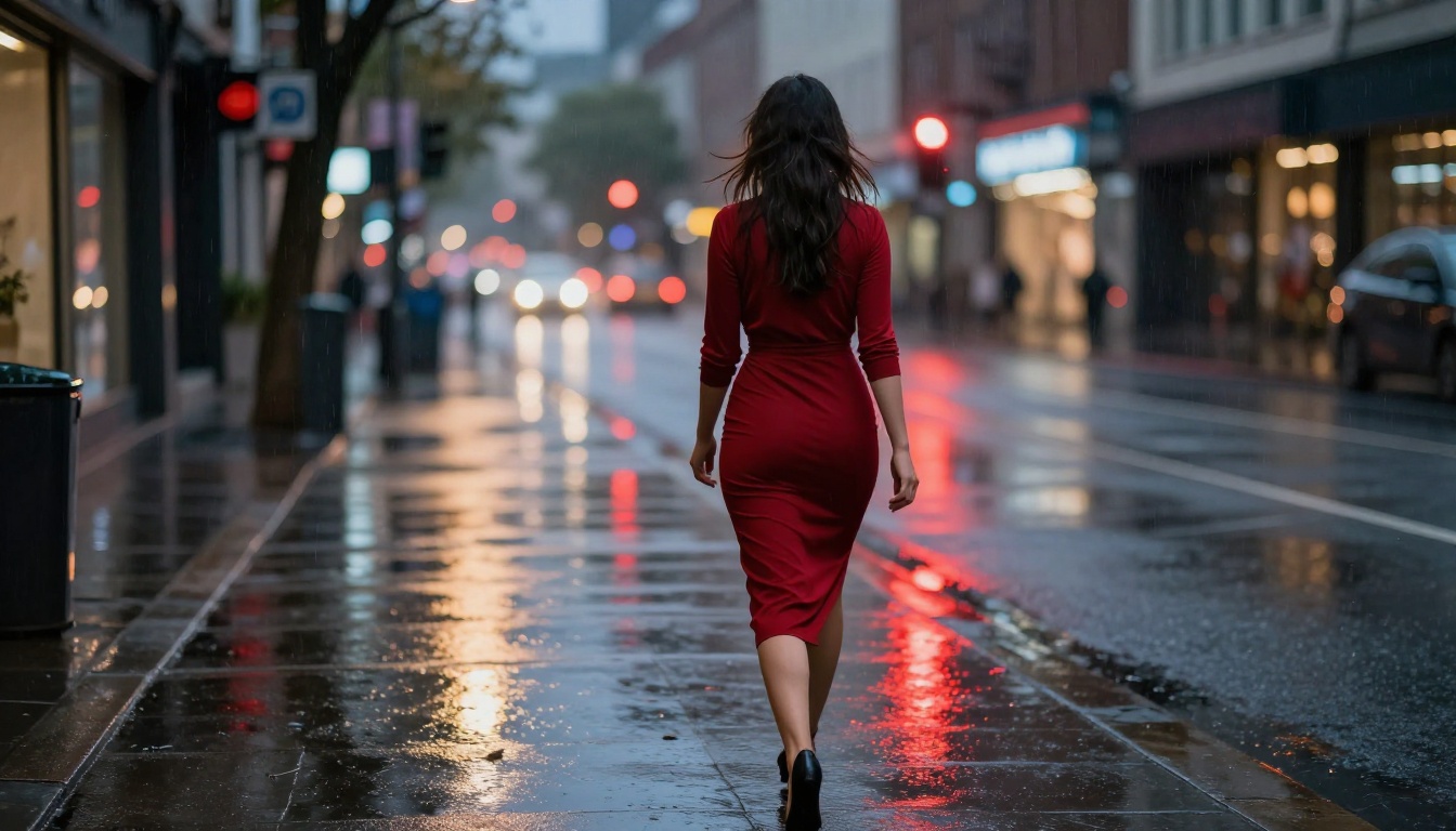 Woman in red dress walking rain-soaked city street at night with neon puddle reflections