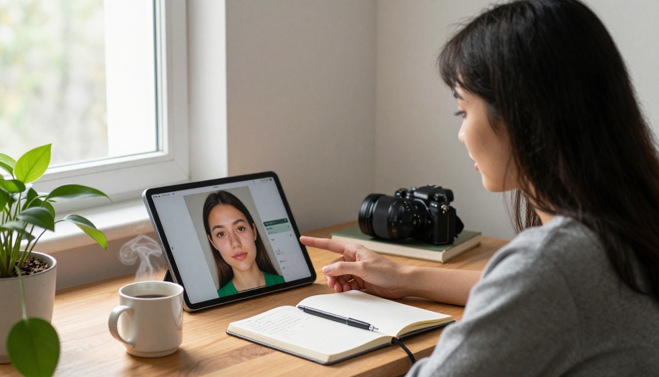 Social media content creator reviewing AI facial editing before-and-after results on tablet at home desk