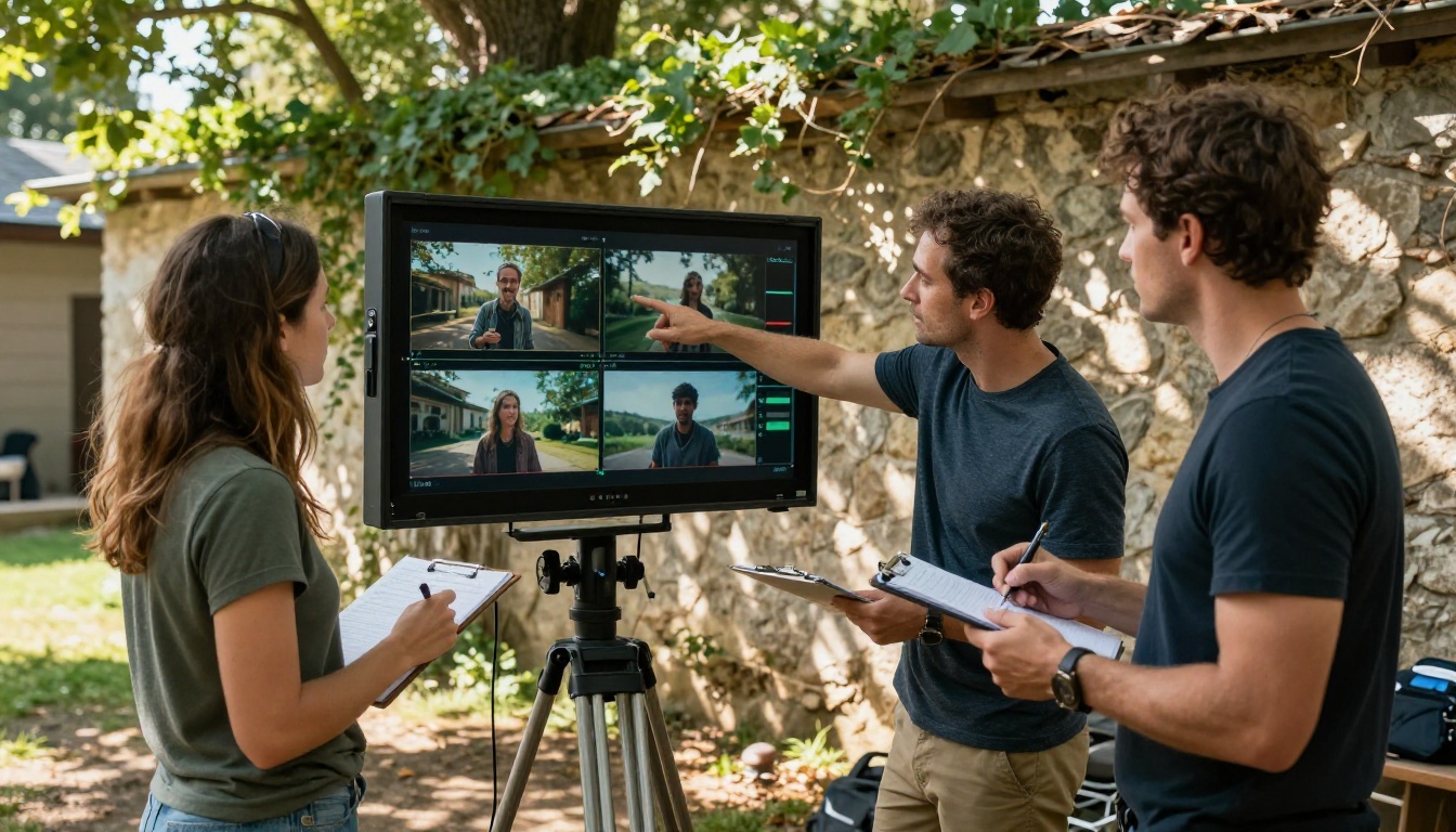 Two film professionals reviewing footage on outdoor monitor at stone wall location