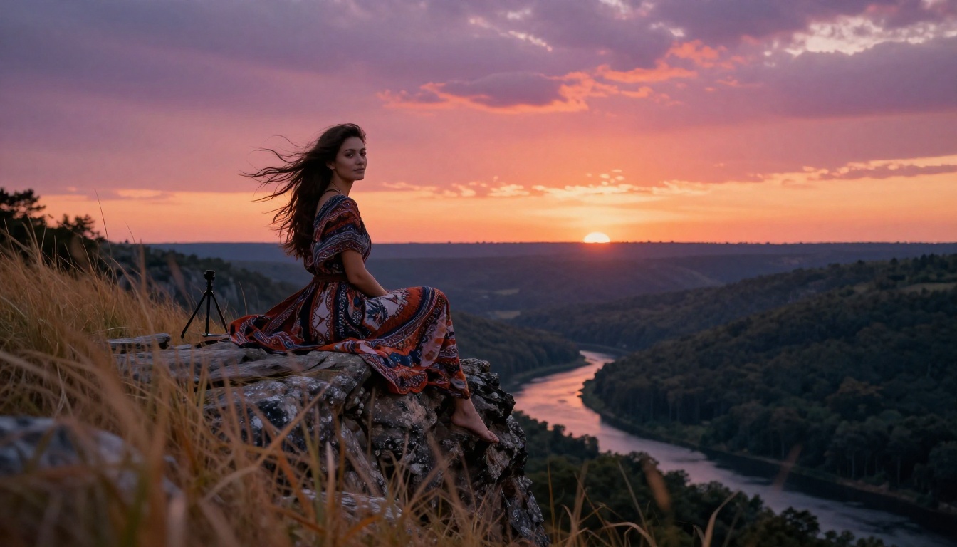 Woman in bohemian dress at cliff edge with wind-blown fabric overlooking sunset valley