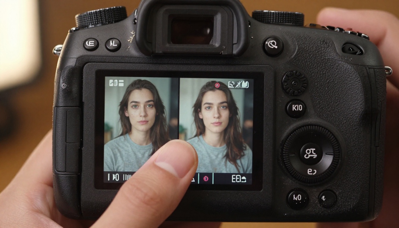 Camera LCD screen in close-up showing AI model comparison results in playback mode with two portrait thumbnails side by side
