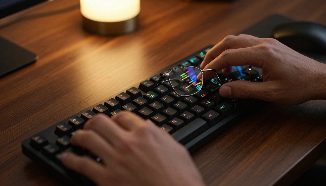 Extreme close-up of hands mid-keystroke on a mechanical keyboard with code reflected in wire-frame glasses