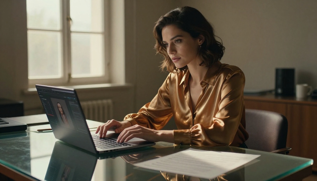 Confident woman in silk blouse at glass desk under cinematic directional window lighting, laptop open showing AI editing software