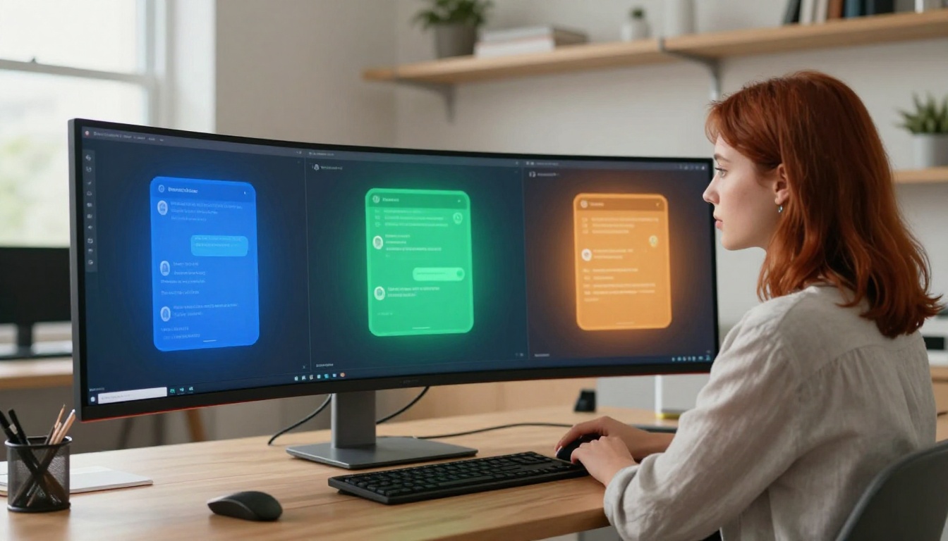 Three AI chatbot interfaces displayed side by side on an ultrawide curved monitor