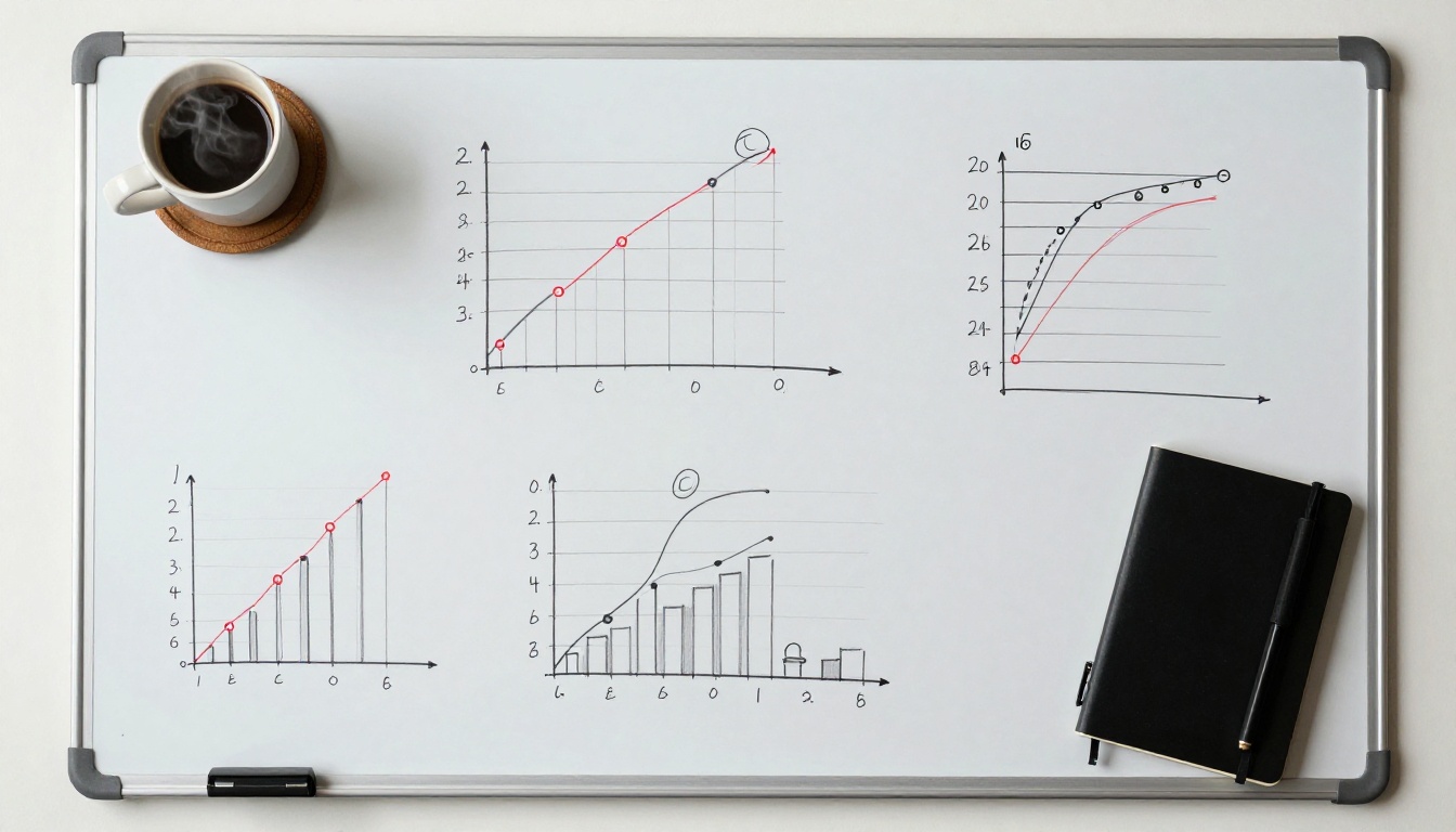 Overhead aerial view of a whiteboard covered in handwritten benchmark charts and performance tables