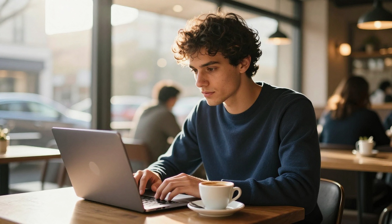 Young man working on a silver laptop at a sunny café table with an espresso cup nearby