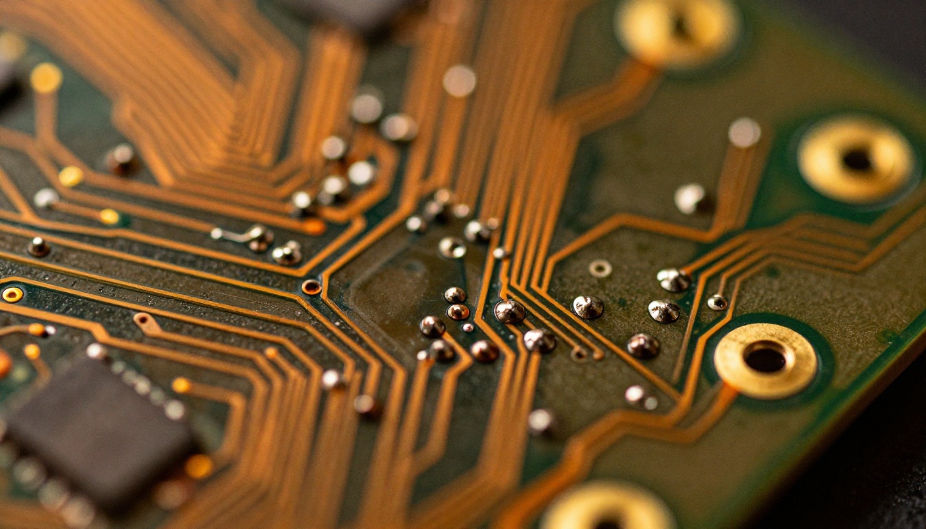 Macro close-up of a printed circuit board with amber side lighting revealing fine metallic texture