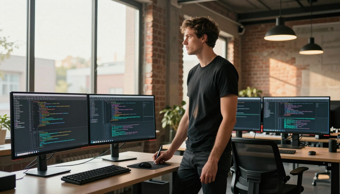 Male software developer standing at an adjustable desk with three monitors showing code editors