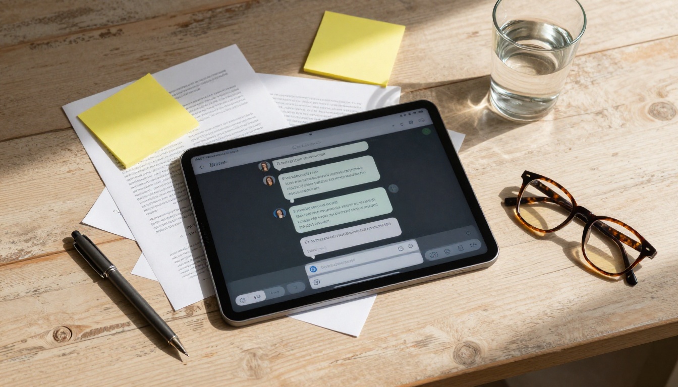 Flat lay overhead shot of a tablet showing an AI chat interface surrounded by sticky notes, documents, and a fountain pen