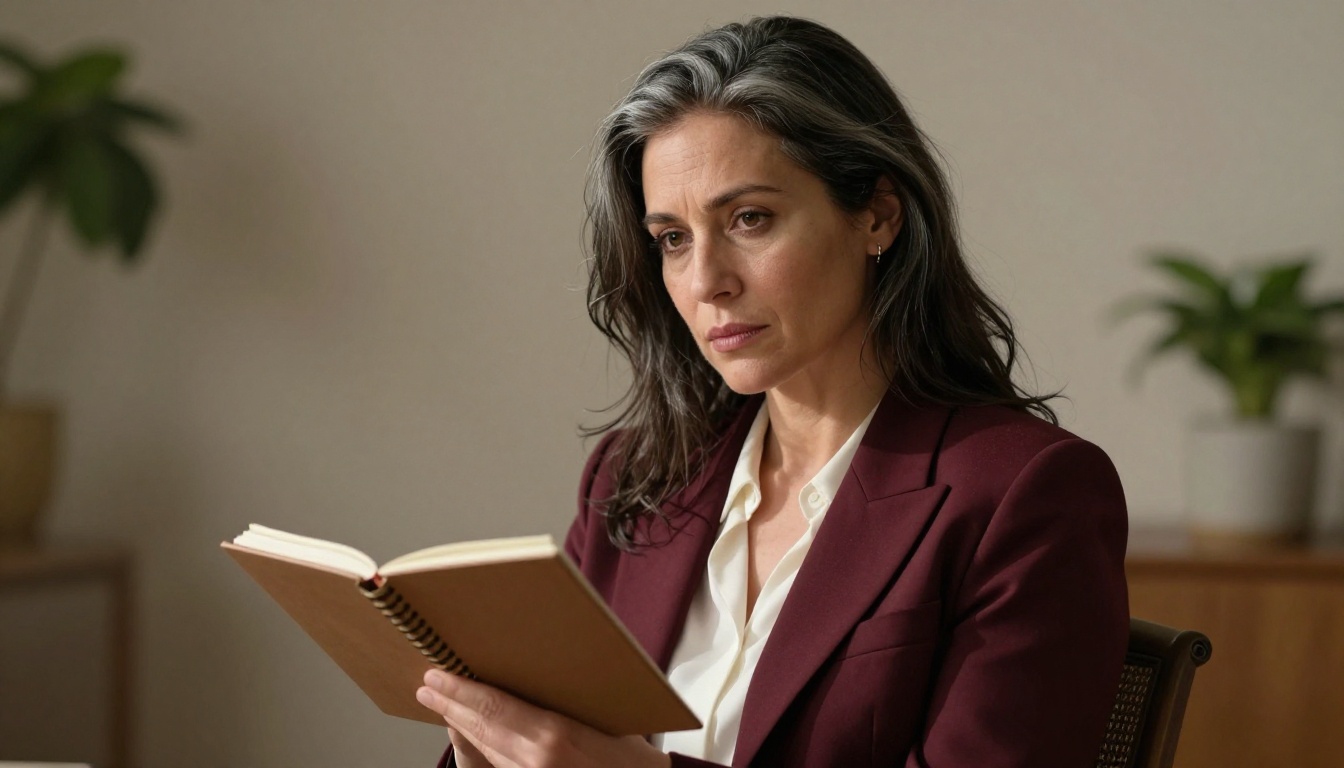 Close portrait of a thoughtful woman holding a spiral notebook in warm directional studio lighting