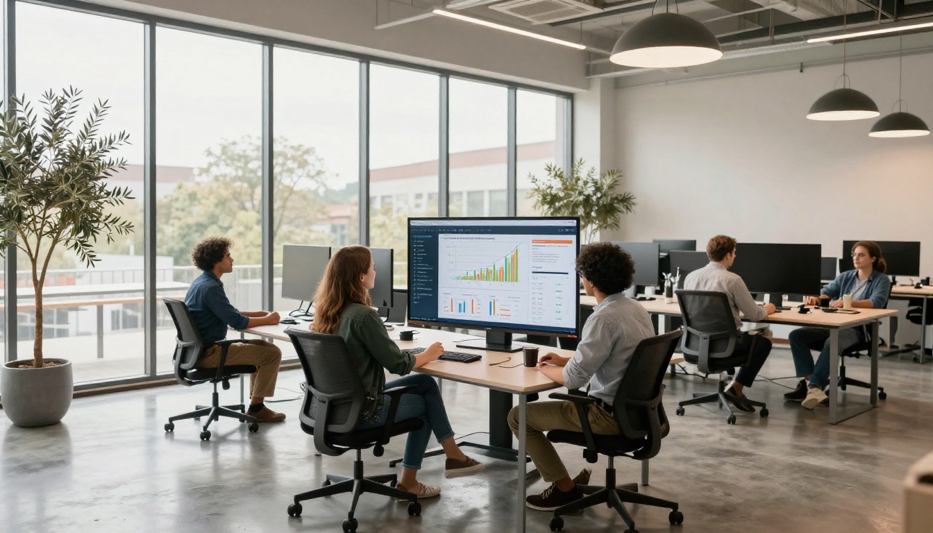 Wide open-plan modern office with team members gathered around a large mounted display showing data dashboards