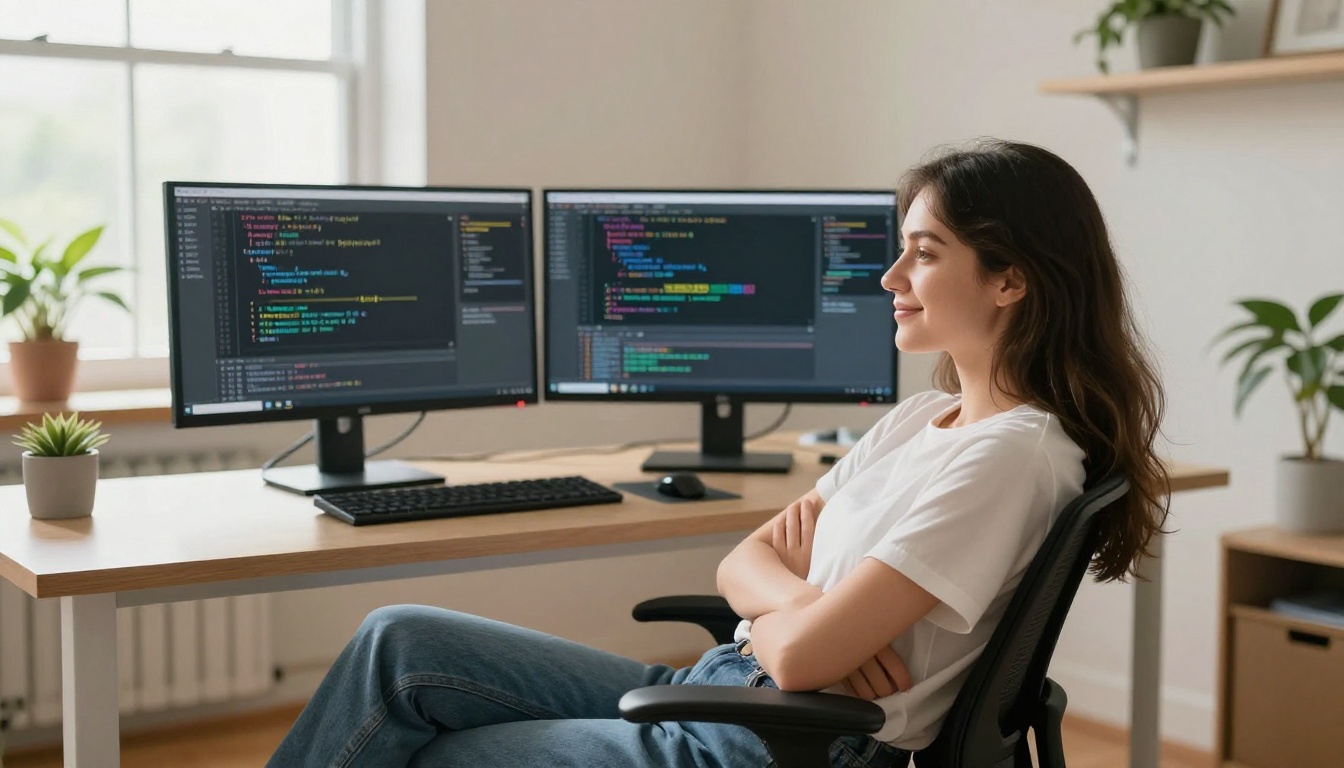 Developer with satisfied expression at dual monitors showing AI code suggestions