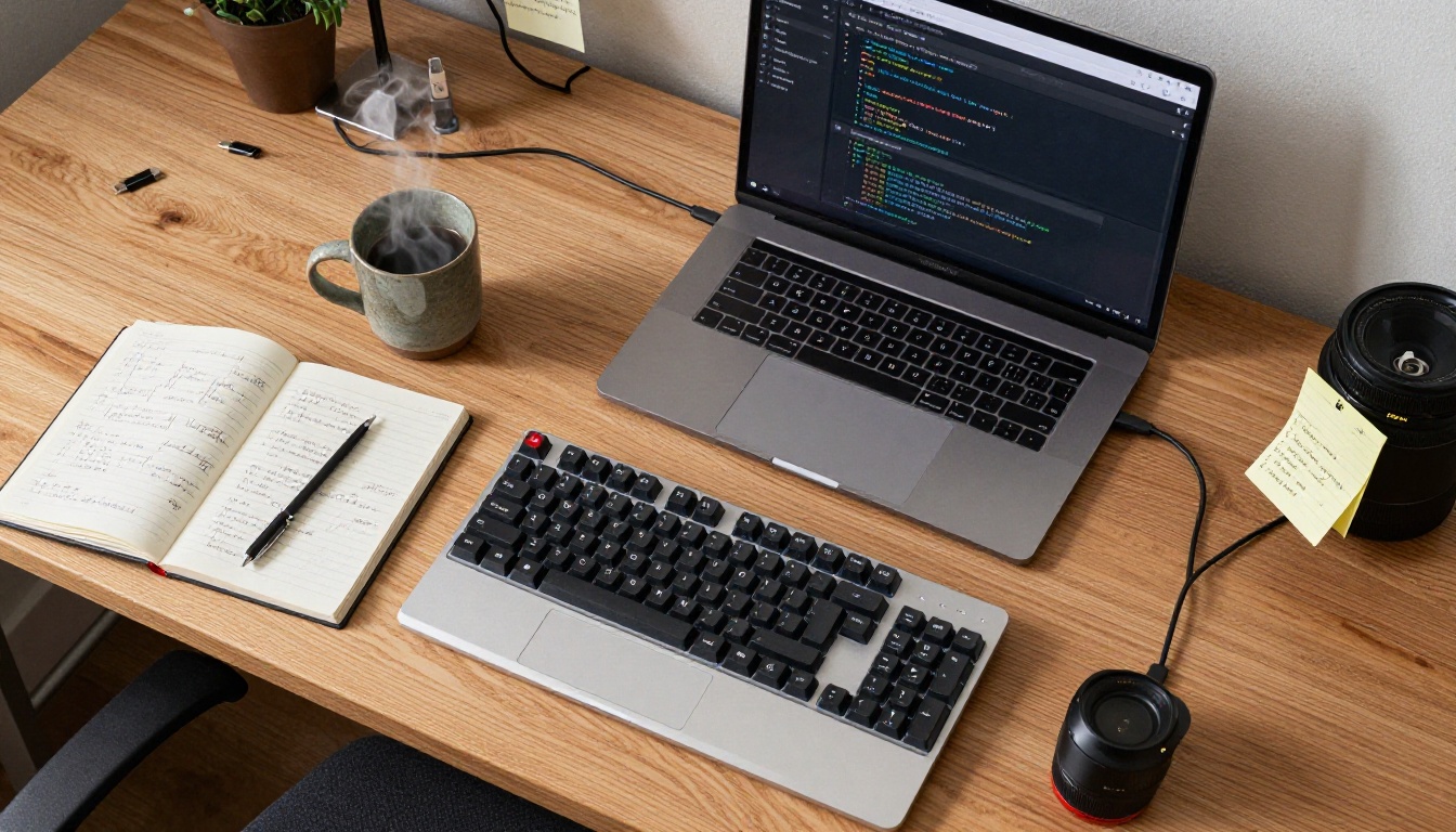 Aerial top-down view of developer workstation with notebook, keyboard, and laptop showing AI assistant